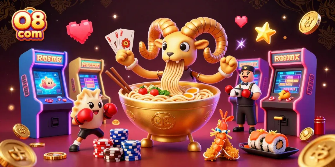 Engage with O8 com at this vibrant gaming scene featuring winning cards, golden ramen bowl characters, and dynamic playful action.