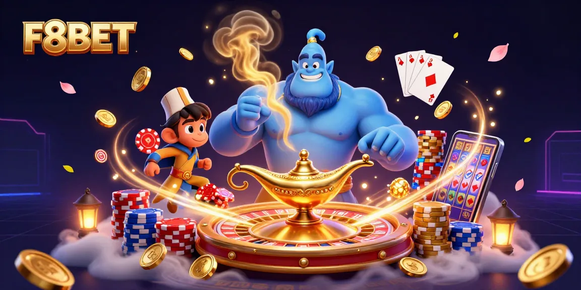 Play exciting games at F8BET with a genie, monkey, and poker chips in a vibrant 3D scene.