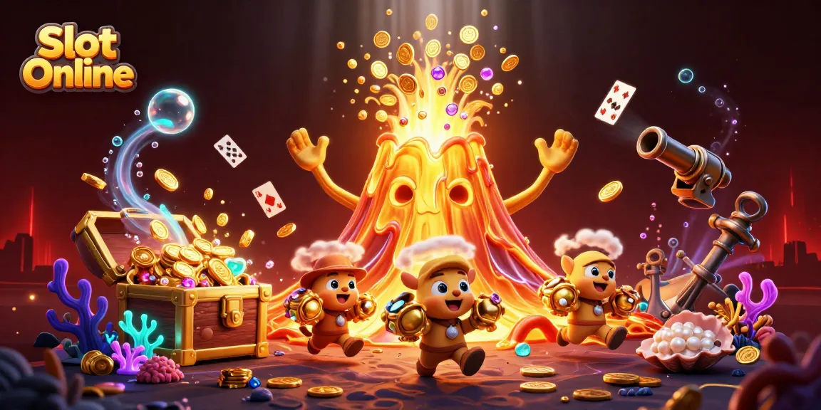 Spin the thrilling Slot Online experience with treasures erupting from a golden volcano in this vibrant scene.