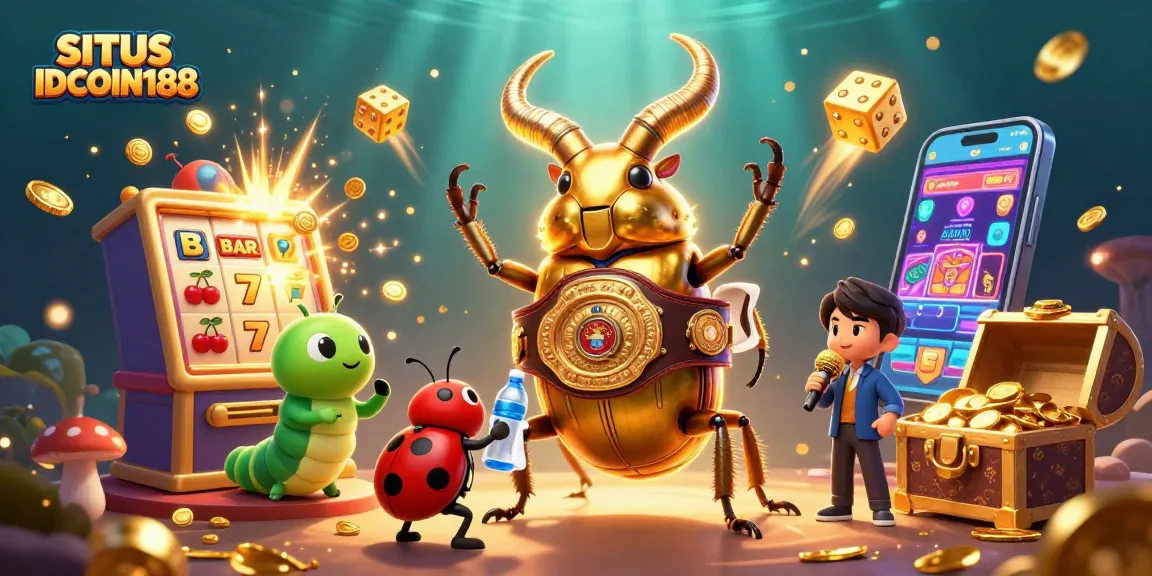 SITUS IDCOIN188 showcases a vibrant, dynamic gambling scene with cartoon characters alongside slot machines and gaming elements.