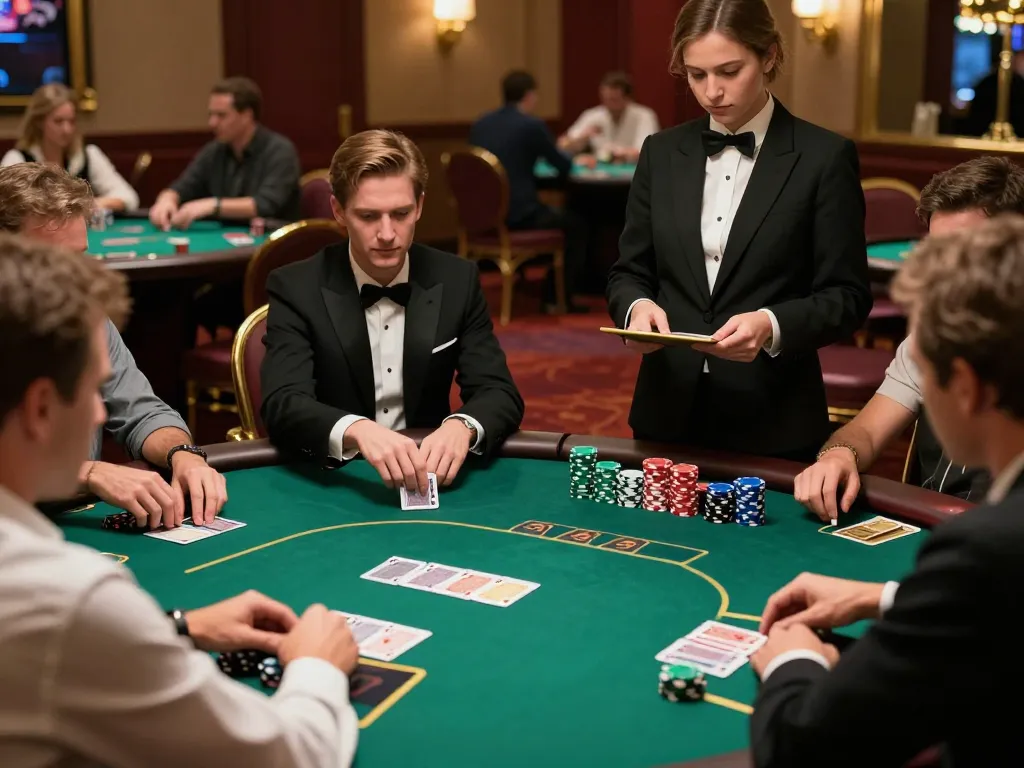 Players at a poker table in upscale casino enjoying a lively 11win game.
