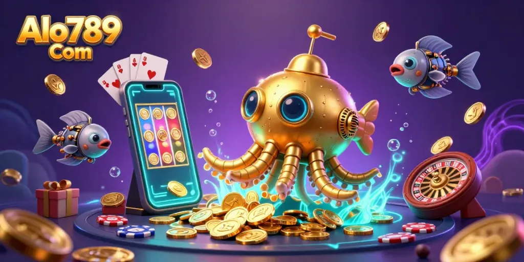 Experience the thrill of Alo789 Com with a vibrant gaming scene full of colorful slot games and golden coins.
