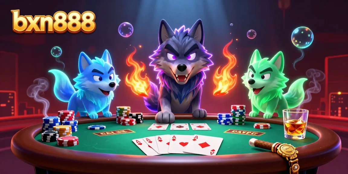 Join the gaming fun at bxn888 with this vibrant poker scene showcasing mystical wolves.