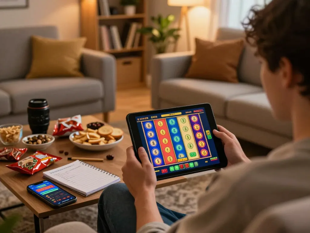 Engaging player at home using tablet for online gaming on trang chủ lc88 with snacks and notes.