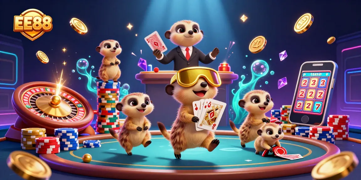 EE88's meerkat casino action showcases winning strategies with card dealers and golden coins.