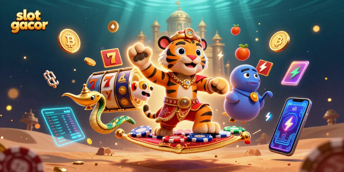 Experience the excitement of slot gacor with cartoon characters and vibrant casino elements floating in a magical scene.