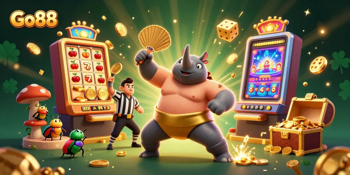 Engage with Go88's exciting casino adventure featuring a rhinoceros beetle champion amidst a jackpot explosion.