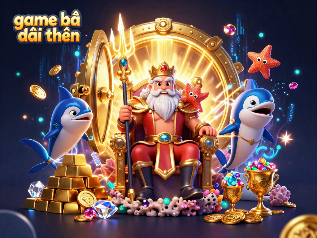 Engage in game bài đổi thưởng excitement with 3D cartoon king Neptune and treasure elements.