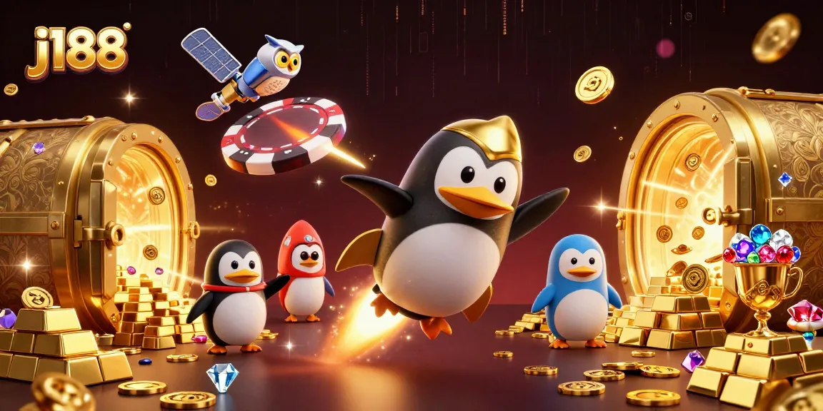 Experience thrilling gambling at j188 with a cartoon penguin and dazzling casino scenes.