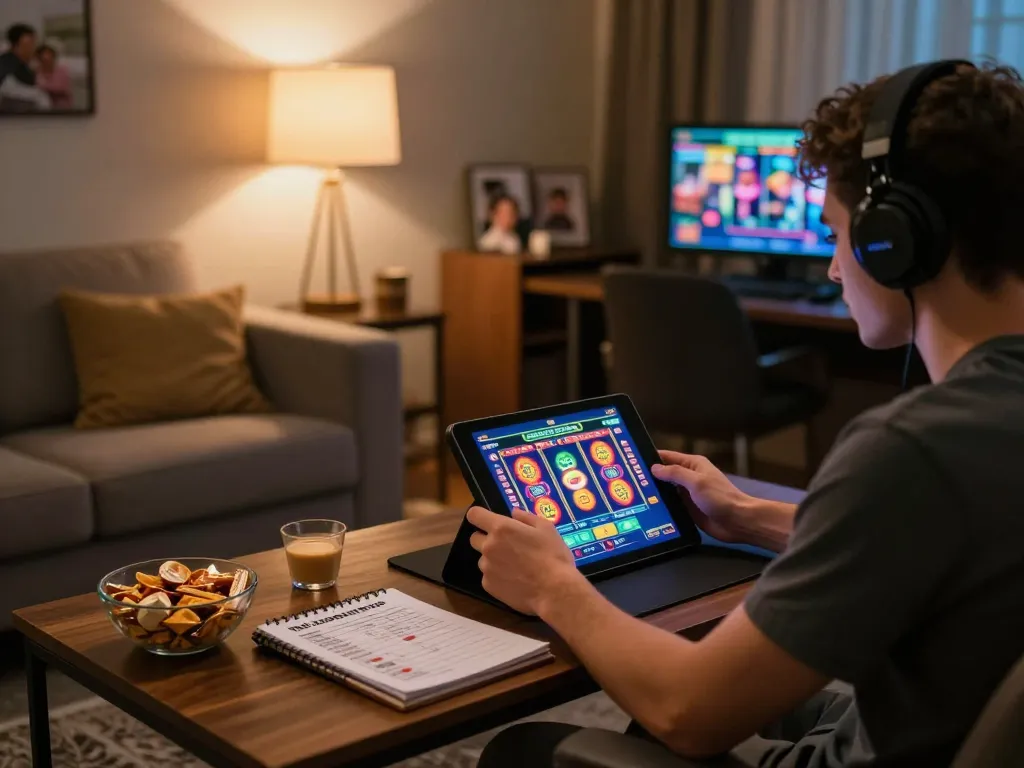 Comparatif casino sans KYC présentant une scène de casino en ligne à domicile avec un joueur concentré sur le gameplay sur tablette.