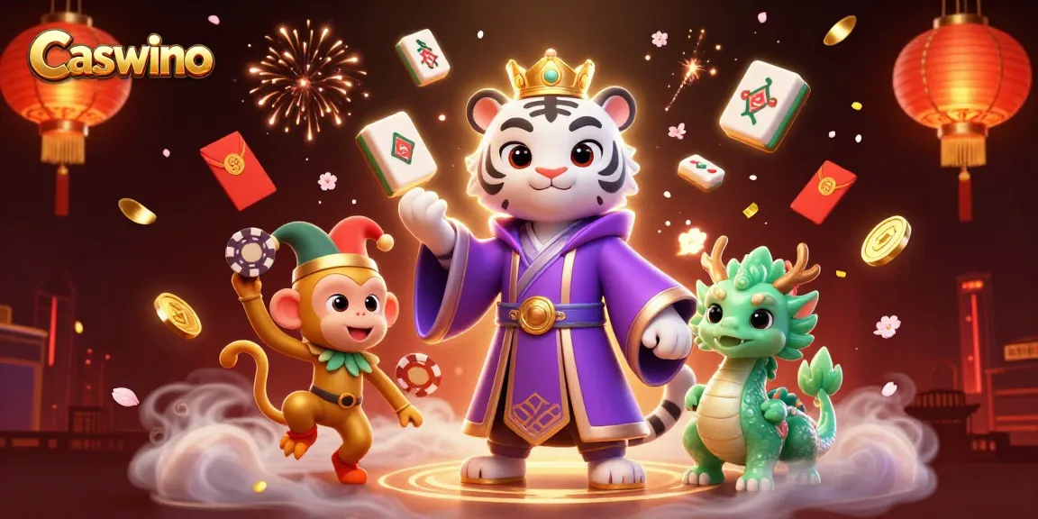 Caswino casino showcases an elegant tiger and playful monkey amidst a vibrant gaming scene.