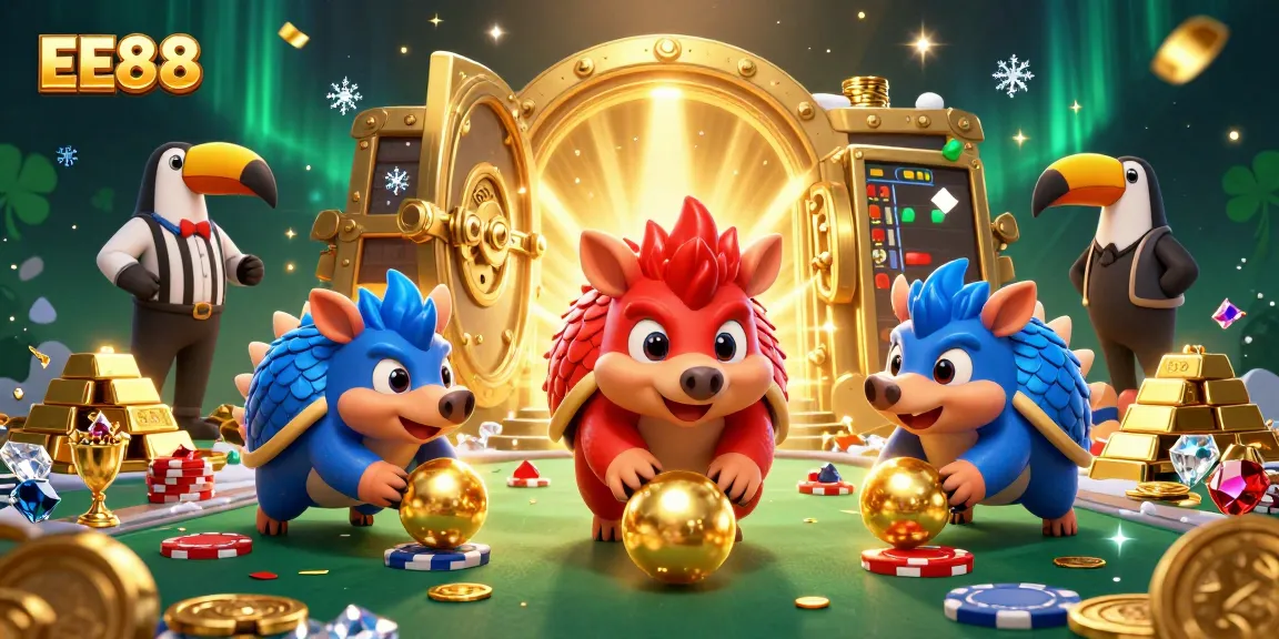 EE88 rivals pangolins bowling golden balls through poker chips in an animated casino scene