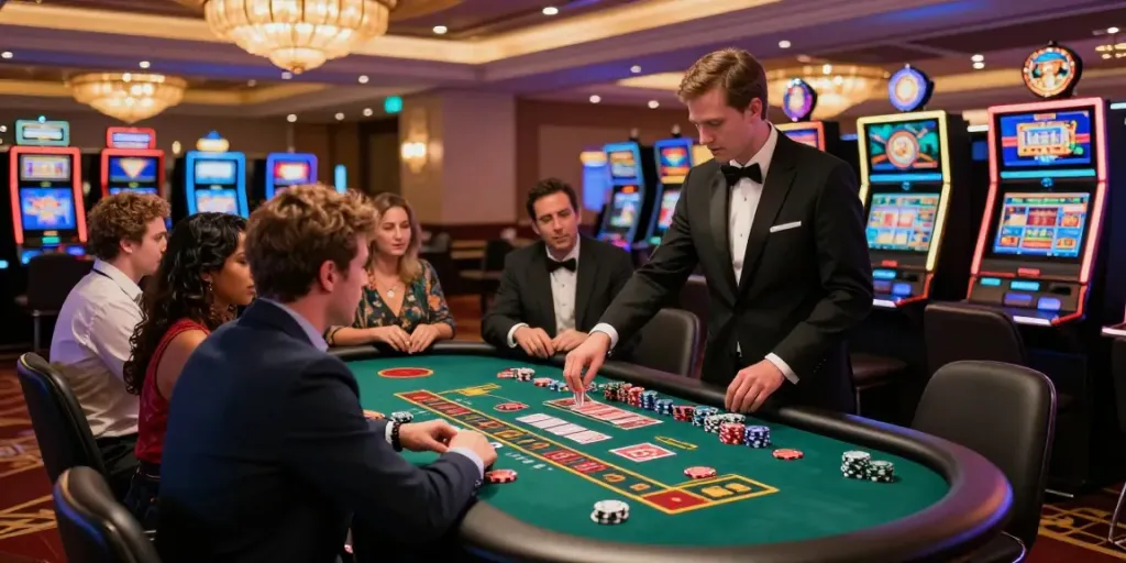 Casino sans Depot gaming scene highlighting players enjoying various games in a luxurious casino.