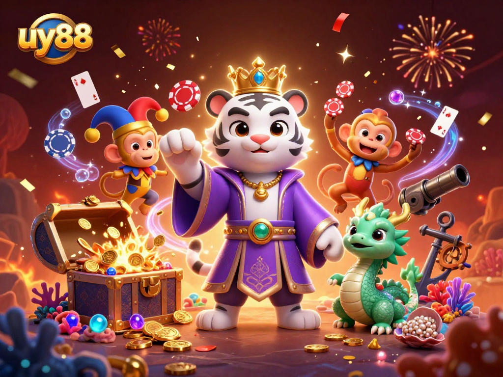 Experience the thrill of uy88 with an exciting casino scene featuring a royal tiger and a jester juggling poker chips.