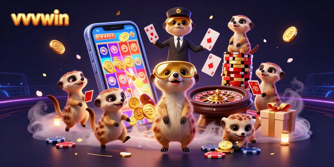 Experience thrilling gameplay at vvvwin with exciting 3D casino-themed meerkats managing lively gaming activities.