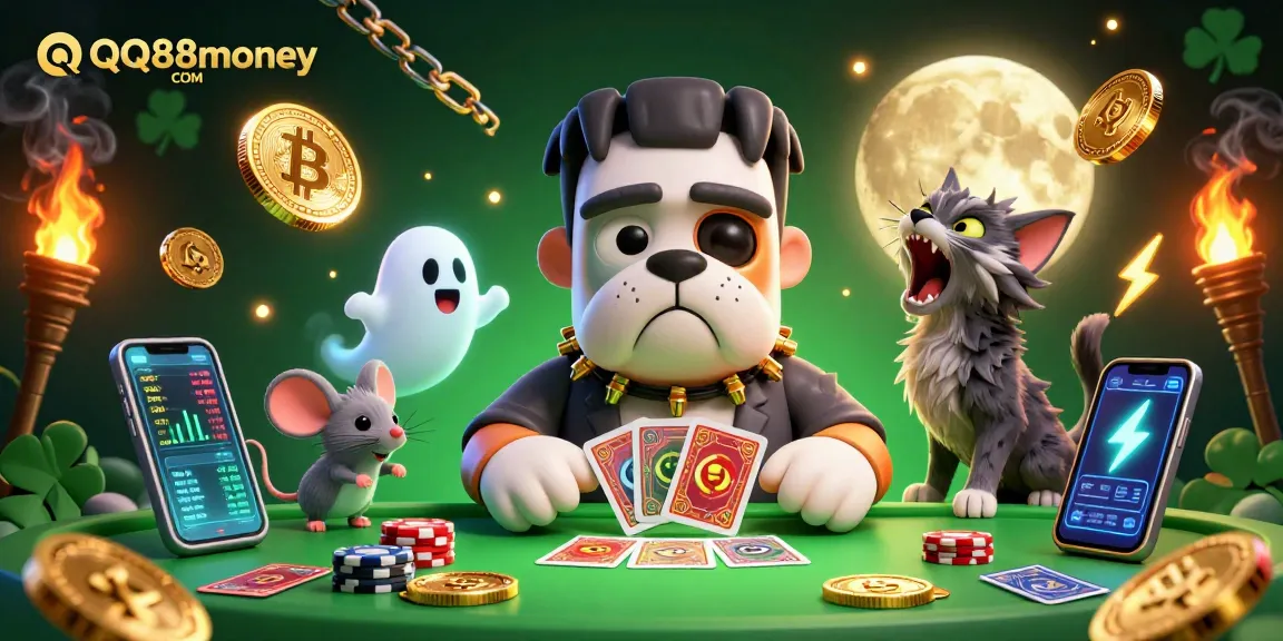 Join the excitement at QQ88money COM with a vibrant casino illustration featuring a Frankenstein bulldog, ghost mouse, and werewolf kitten.