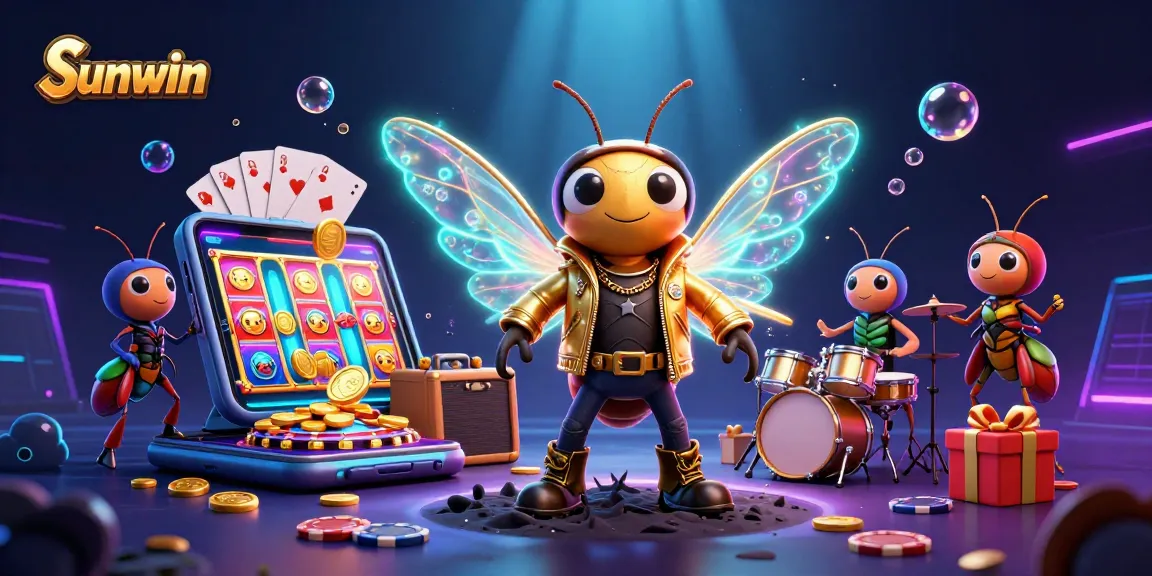 Sunwin offers thrilling gameplay as the cartoon cicada rock star embarks on a winning adventure amidst vibrant casino elements.
