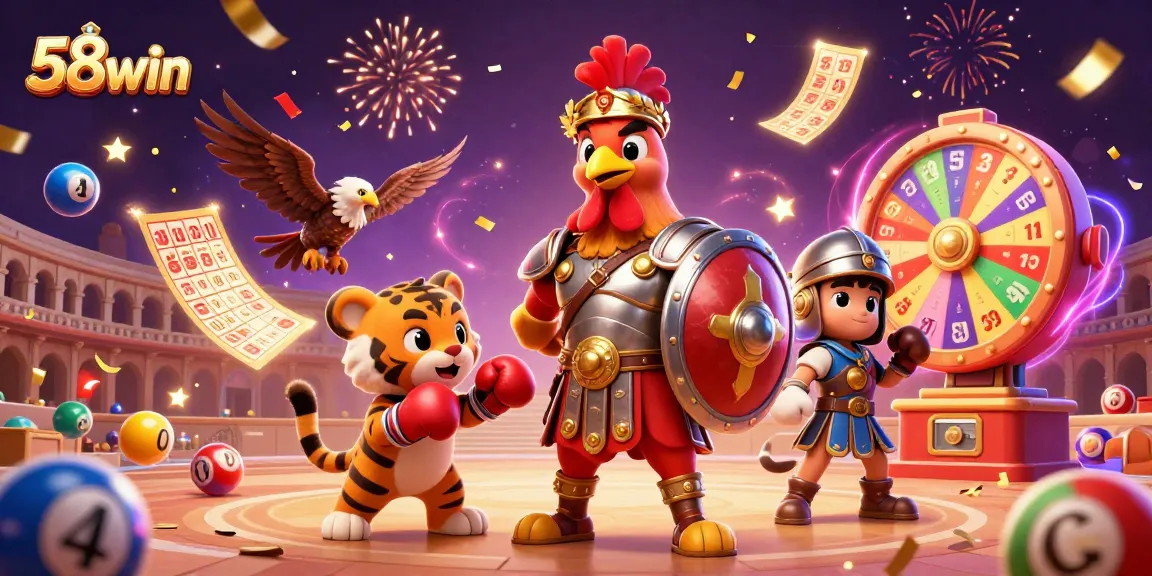 Engage with exciting 58win casino games featuring a gladiator rooster and vibrant elements.