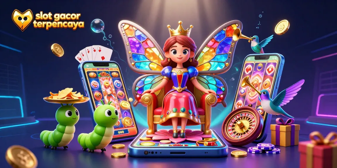 Engage with slots at slot gacor terpercaya, featuring a colorful, dynamic casino illustration of the butterfly queen and gaming elements.