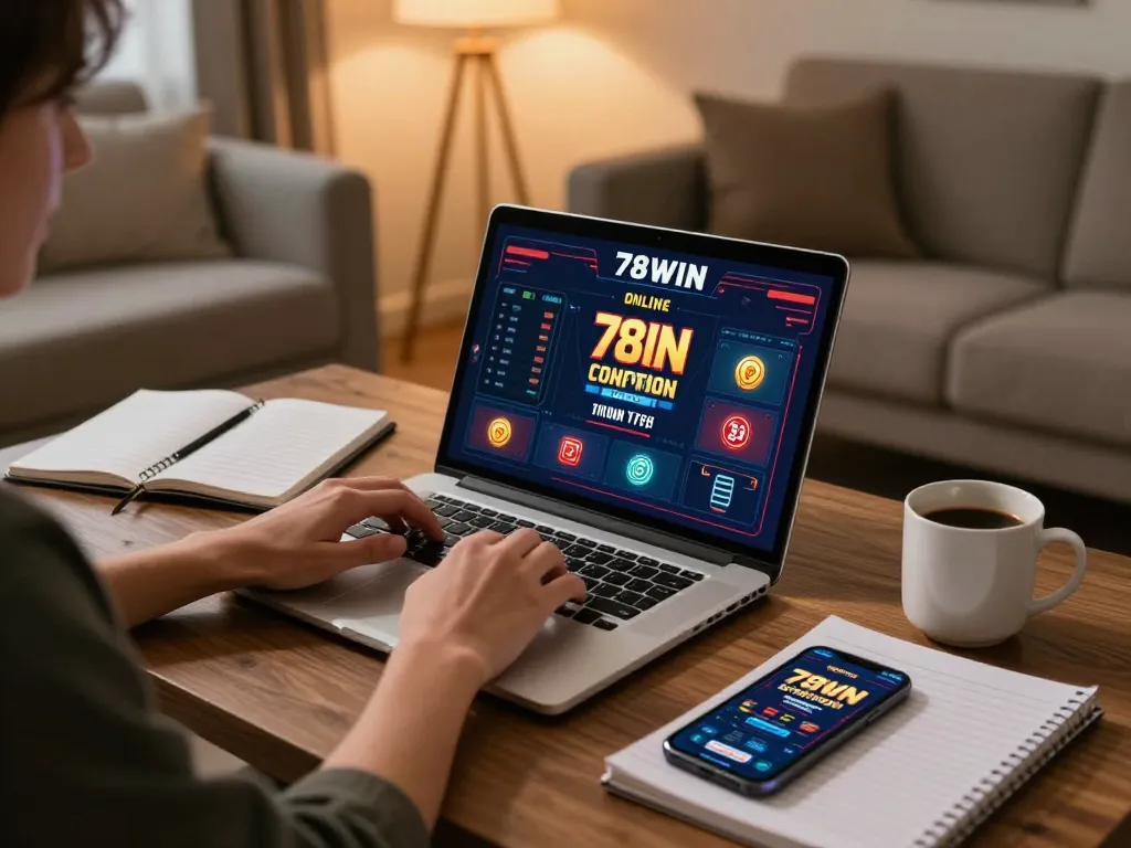 Player enjoying an online poker game on 78WIN in a cozy home setting with gaming strategy notes.