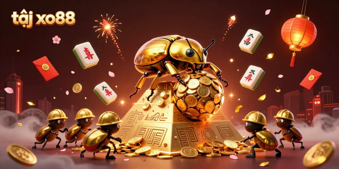 Engage in the fun at tại xo88 with a vibrant illustration of golden beetles amidst casino symbols.
