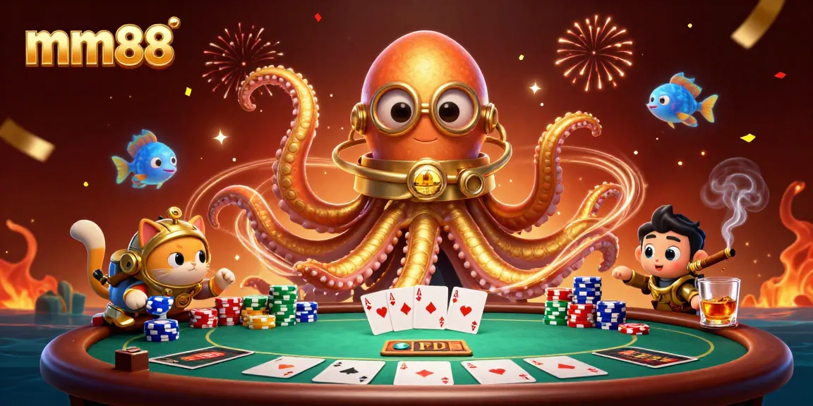 Experience thrilling gameplay with mm88's vibrant casino scene featuring a kraken and diving cat.