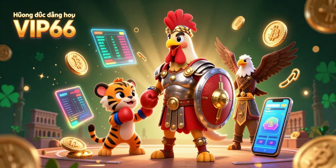 Hướng dẫn đăng nhập VIP66 illustrated with an engaging 3D scene of a gladiator rooster and crypto elements.