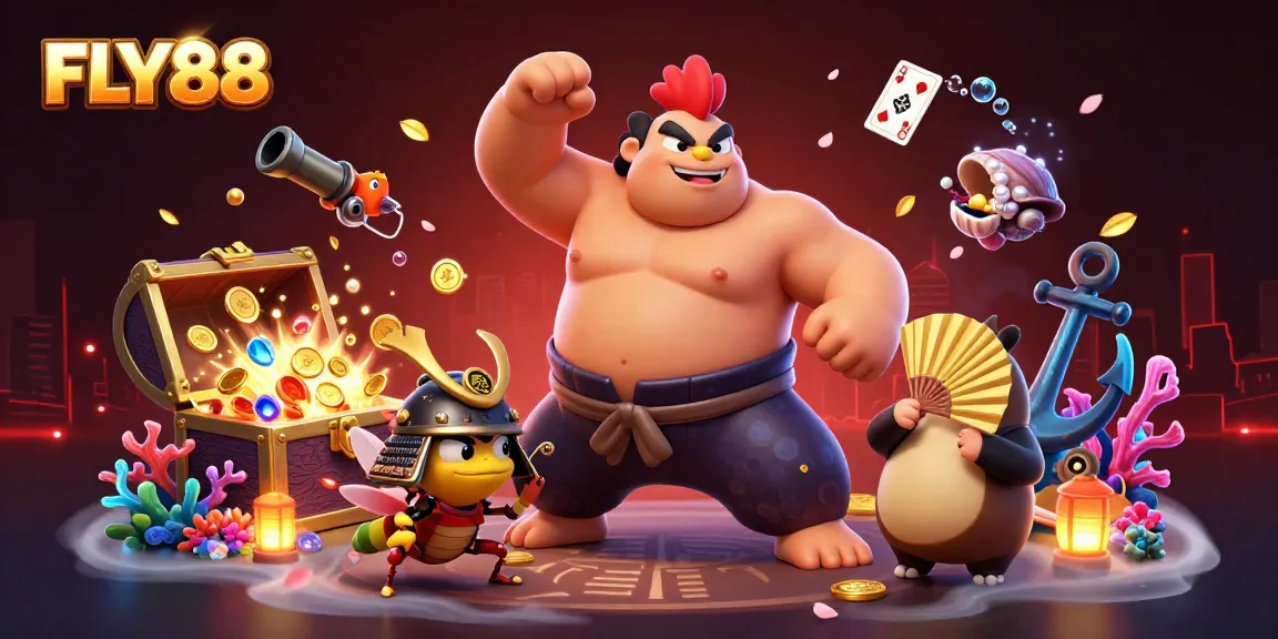 Join the thrilling action at FLY88 with a powerful sumo wrestler, daring cricket, and vibrant underwater treasures!