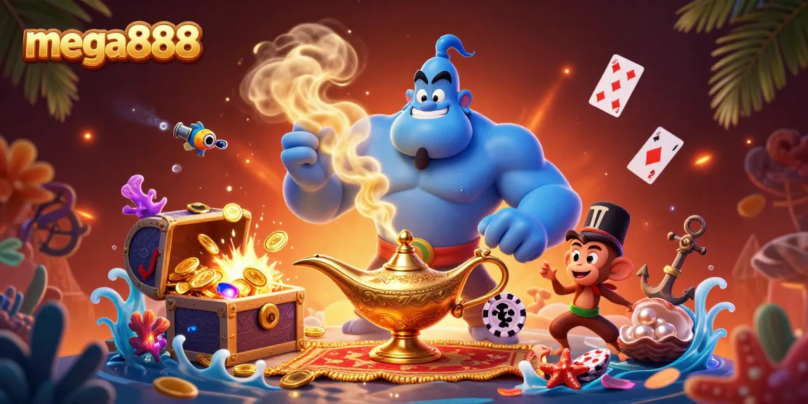 Experience the thrill of mega888 with a lively illustration featuring a genie, monkey, and casino elements.