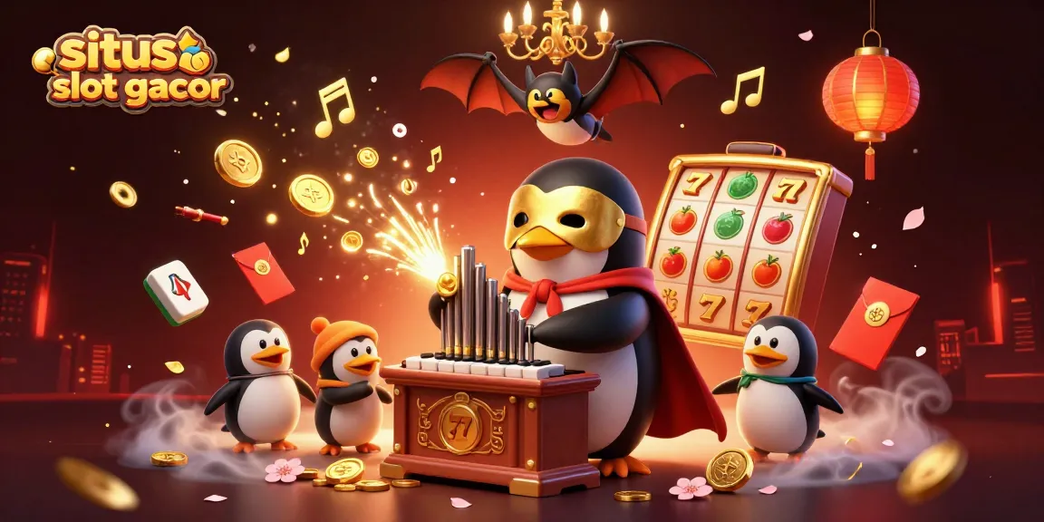 Experience the excitement of situs slot gacor with a vibrant cartoon scene featuring classic slot symbols and an opera penguin.