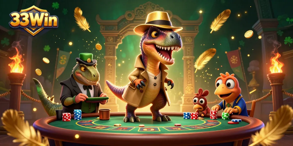 Experience the excitement of 33Win as dinosaurs engage in a thrilling casino game scene.