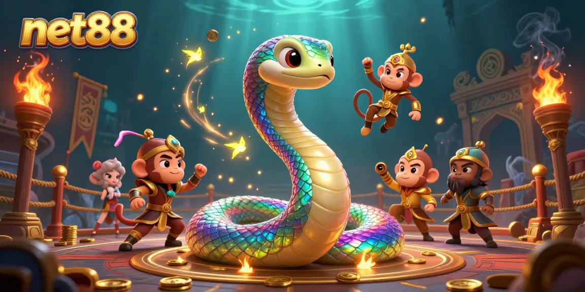 Experience vibrant and dynamic actions at net88 with a magical serpent and monkey king in a lavish casino scene.