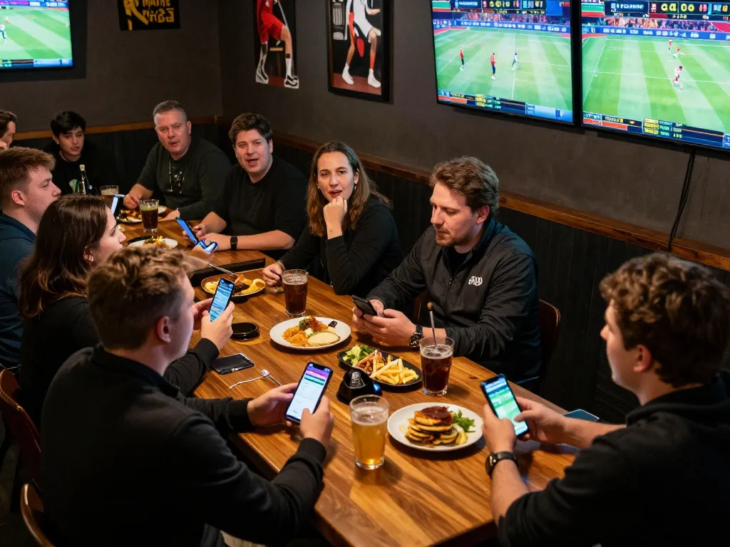 Engaging sports bettors using GG88 app in a vibrant sports bar setting.