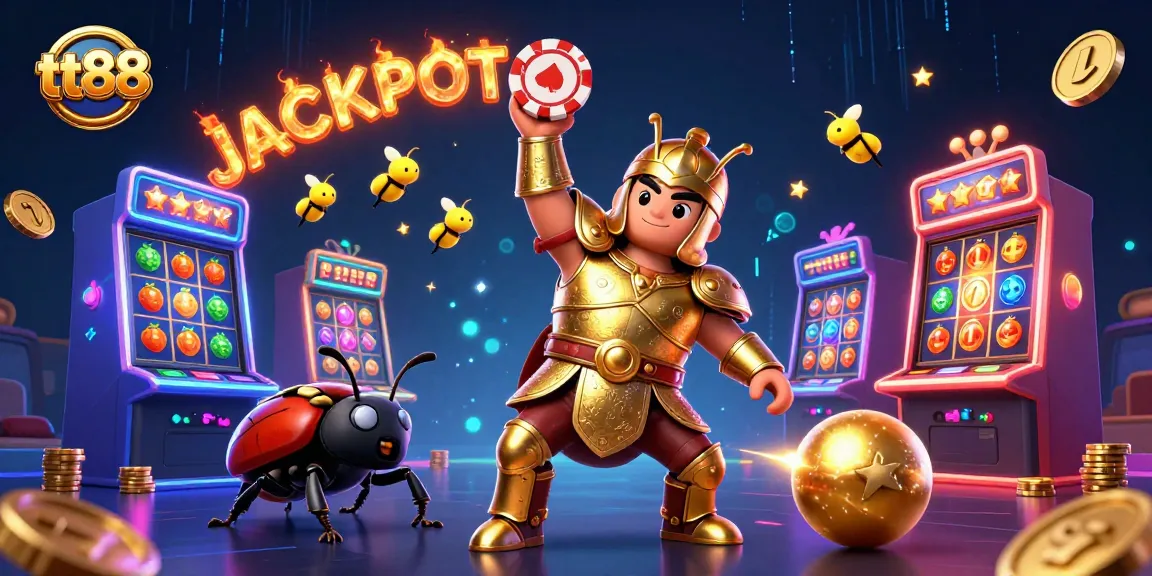 Experience the excitement of tt88 as the Hercules beetle wins with a jackpot while surrounded by colorful slot machines.