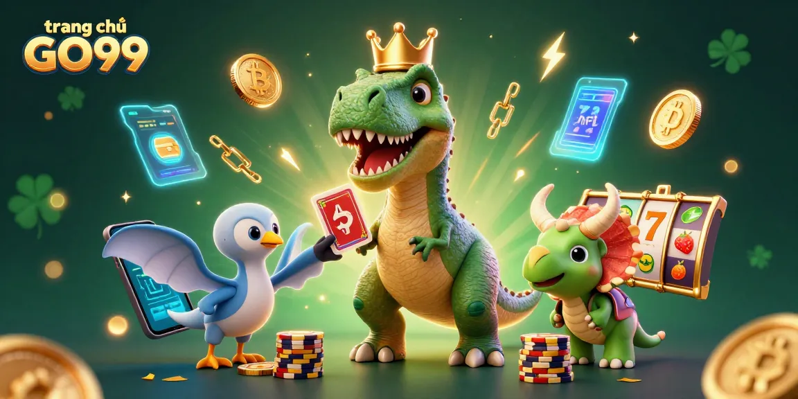 Experience the excitement of trang chủ GO99, featuring a T-Rex and friends enjoying casino fun with vibrant elements.