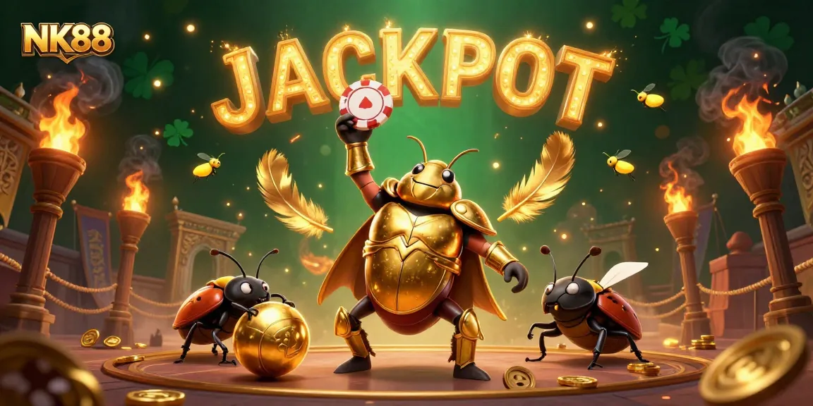 Experience the excitement at NK88 with a victorious beetle and vibrant casino elements lighting up the scene.