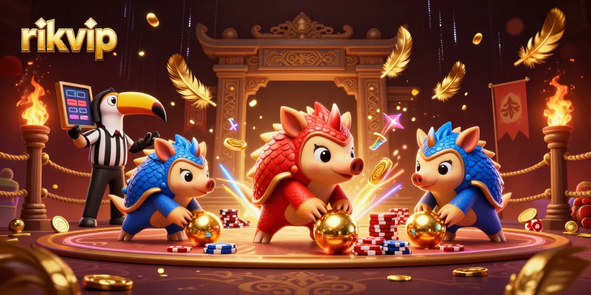 rikvip pangolins compete in a vibrant casino scene with golden chips and festive confetti.