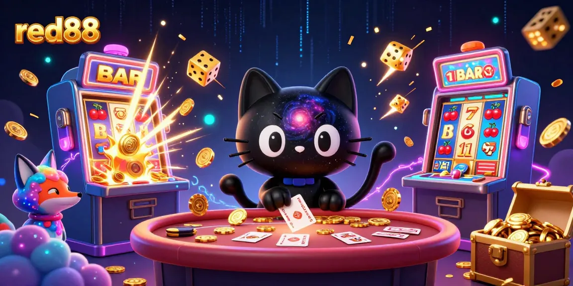 Experience excitement and wins at red88 casino with dynamic characters amidst vibrant gaming elements.