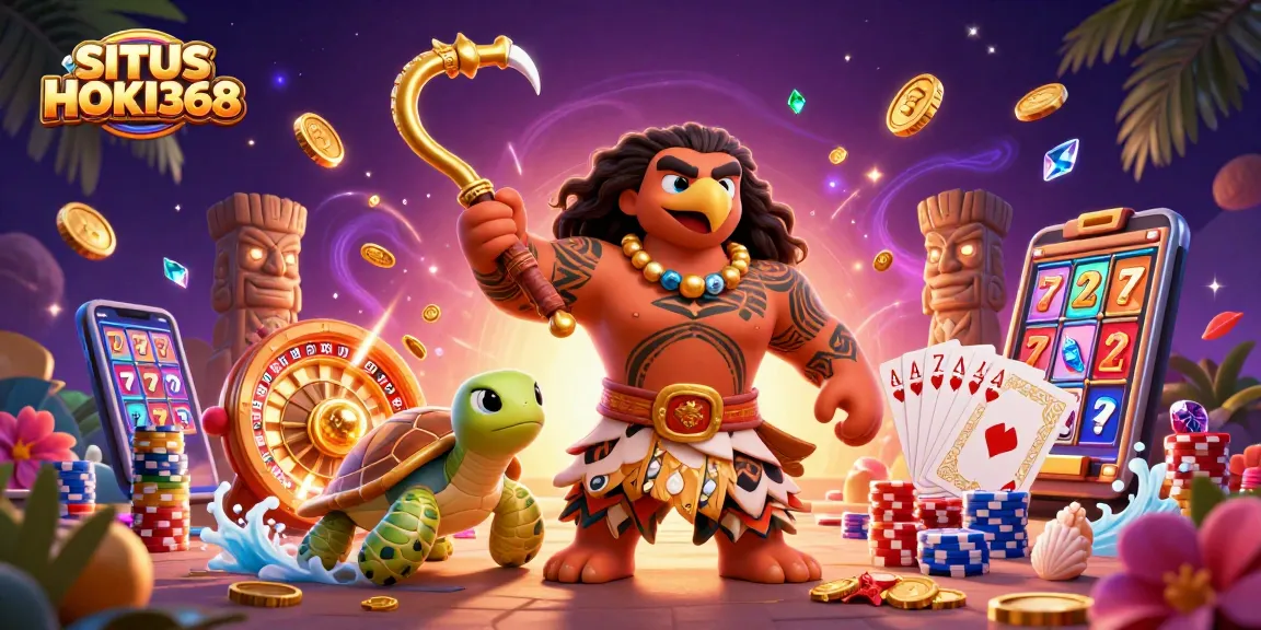 SITUS HOKI368 showcases a Polynesian demigod and turtle in a vibrant casino scene with spinning roulette, coins, and festive decorations.