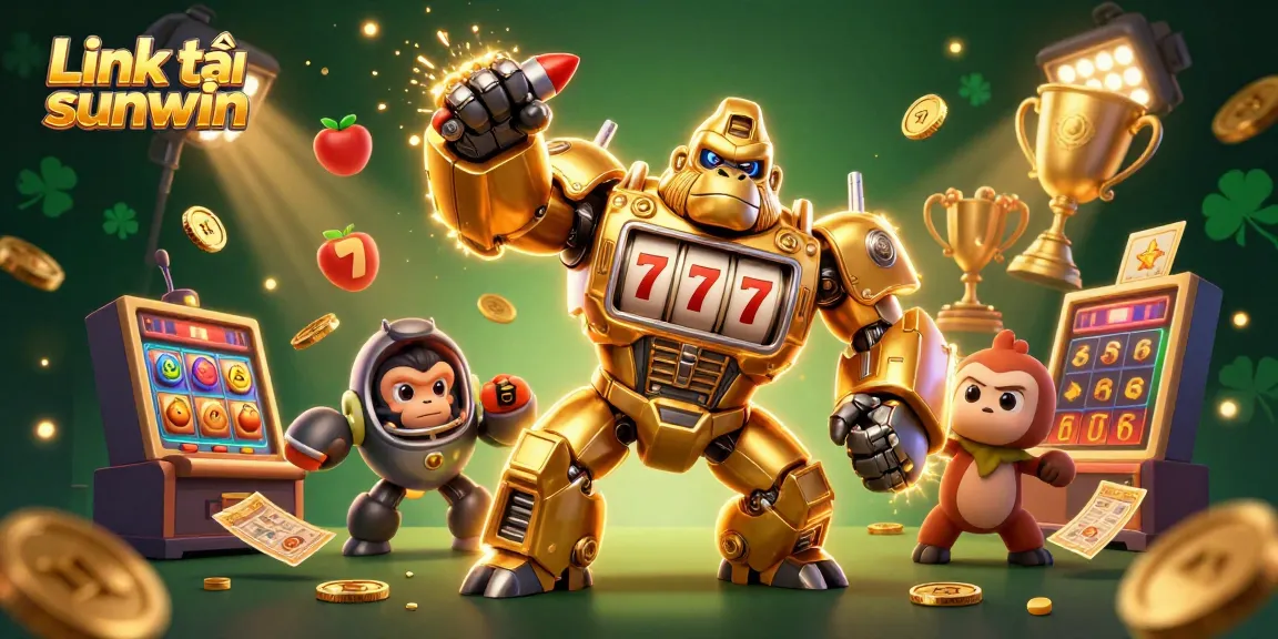 Engage with the thrilling gaming action of Link tải sunwin featuring a dynamic 3D gorilla mech and slots elements.