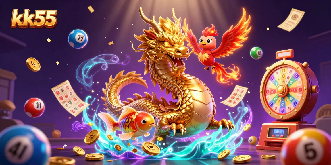 Engage with KK55's thrilling casino world while witnessing a golden dragon and phoenix amidst dynamic game elements.