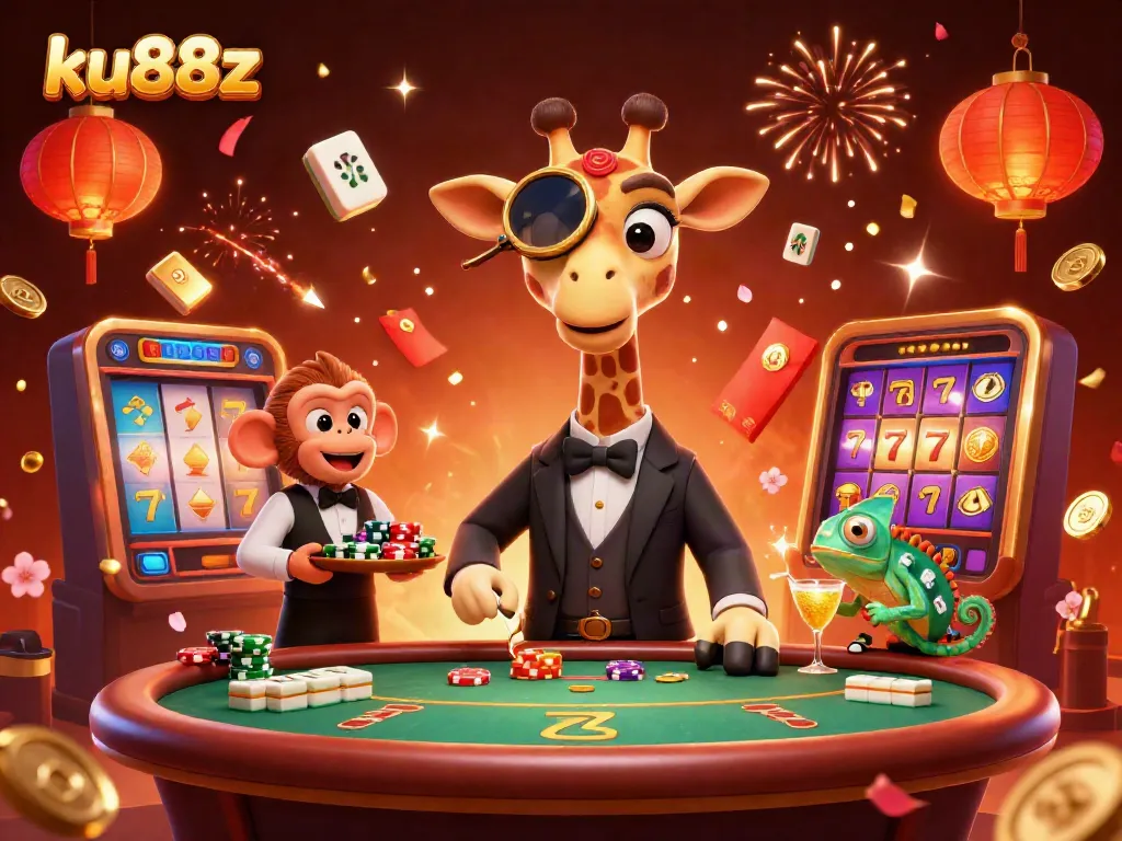 Experience exciting gameplay at ku88z with a high-roller giraffe, monkey valet, and chameleon bartender.