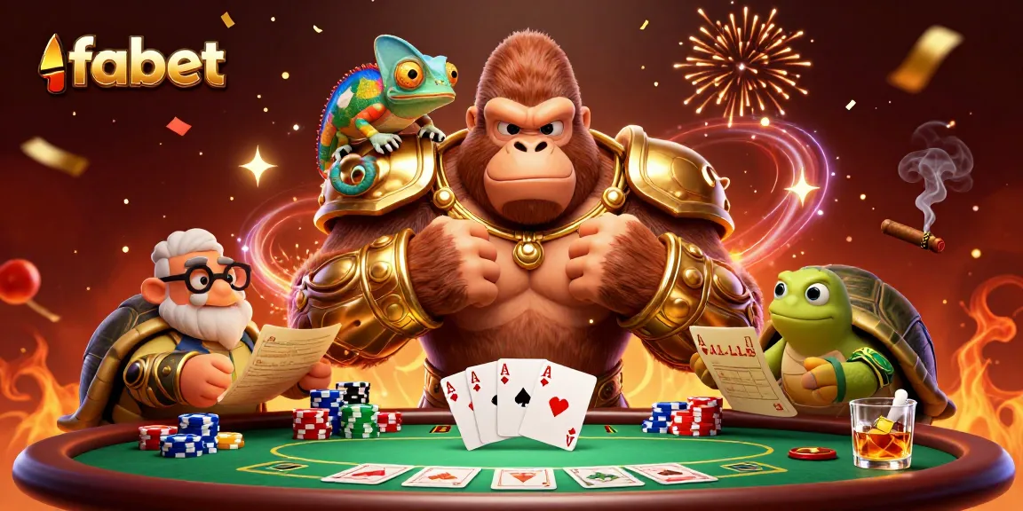 Engaging scene of fabet with a gorilla king and gaming elements celebrating poker success.