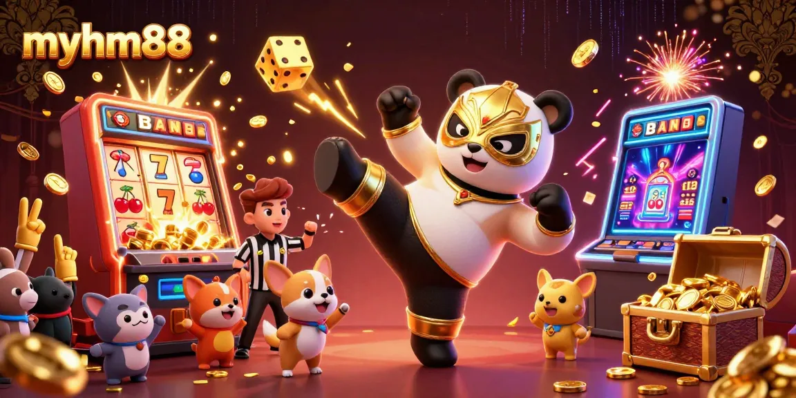 Engage with thrilling gameplay at myhm88, featuring a lively panda wrestler in a vibrant casino scene.