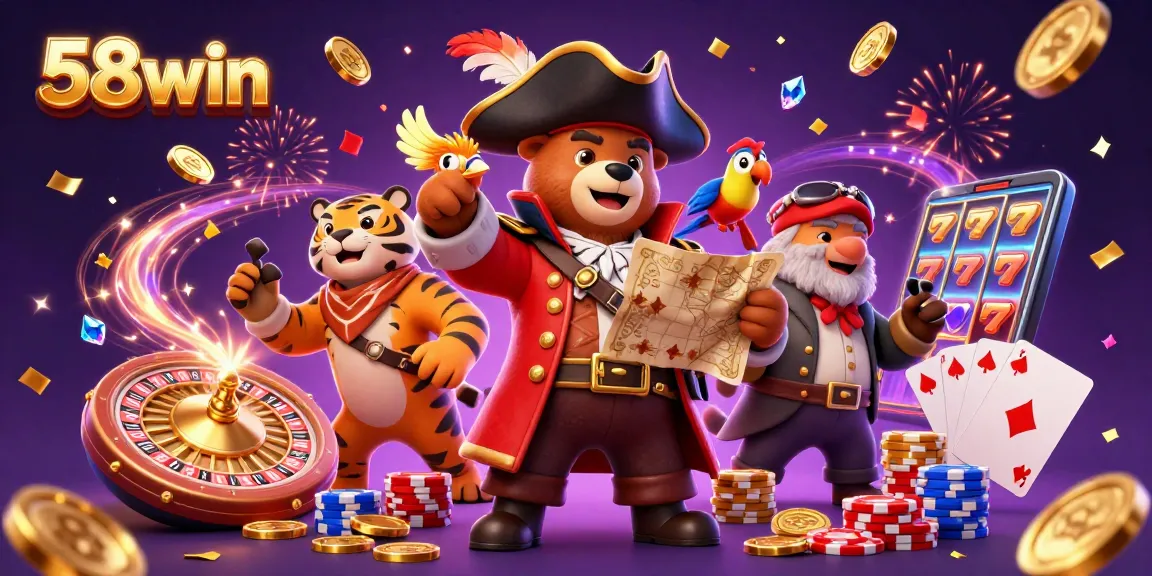 Experience thrilling play with 58win in this vibrant casino-themed illustration featuring excitement and treasure.