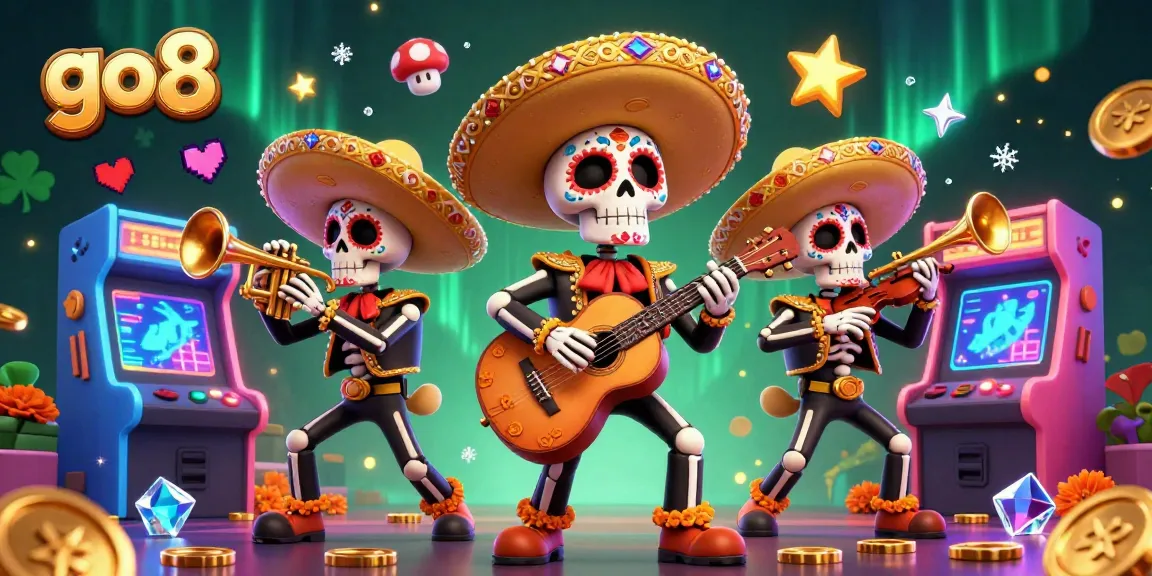 Experience exciting gameplay with go8 in this vibrant 3D illustration featuring a mariachi band and gaming elements.