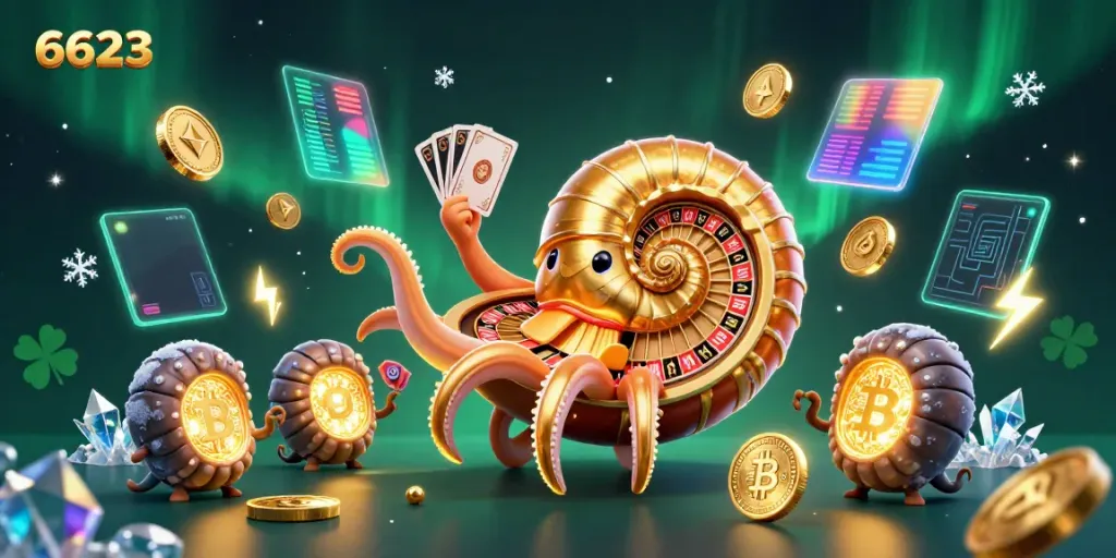 Engage with 6623, the premier online casino featuring a dynamic roulette wheel nautilus surrounded by vibrant crypto elements.