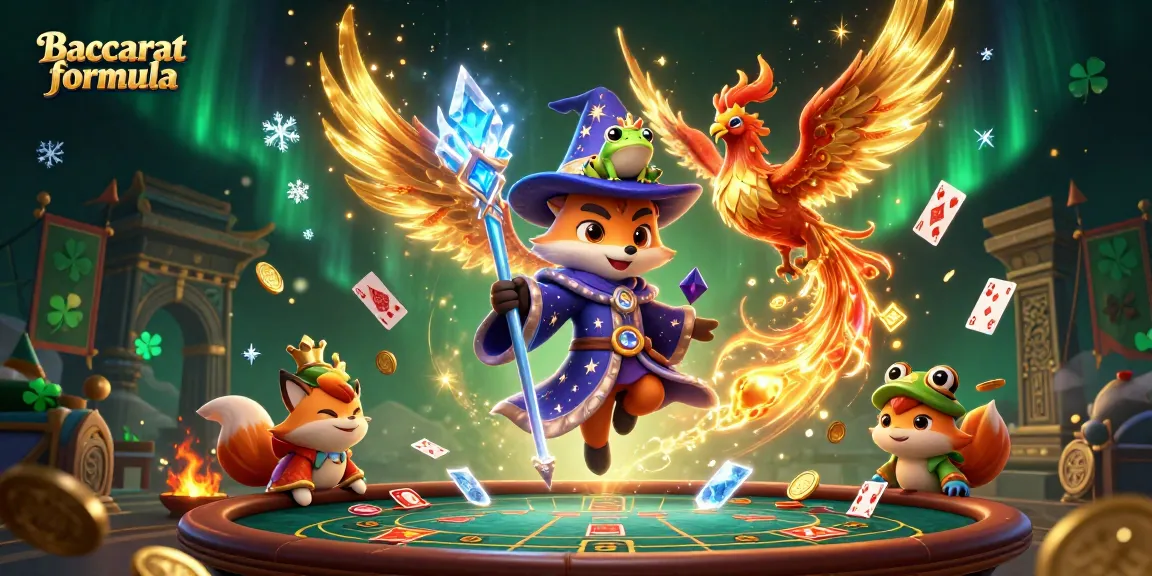 Engage with the Baccarat formula through an enchanting 3D fantasy scene featuring wizards and casino elements.
