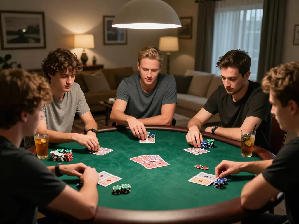 Des joueurs profitant d'une partie amicale à la maison, mettant en avant des conseils pour trouver un casino fiable en ligne.