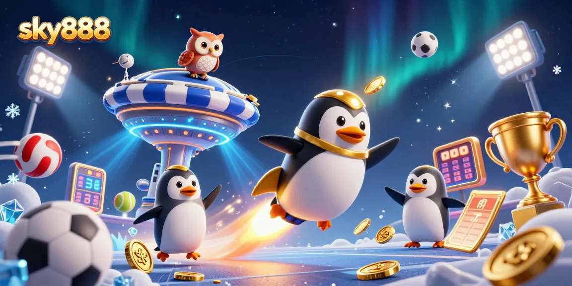 Join the sky888 adventure with a golden penguin blasting through space towards a casino!